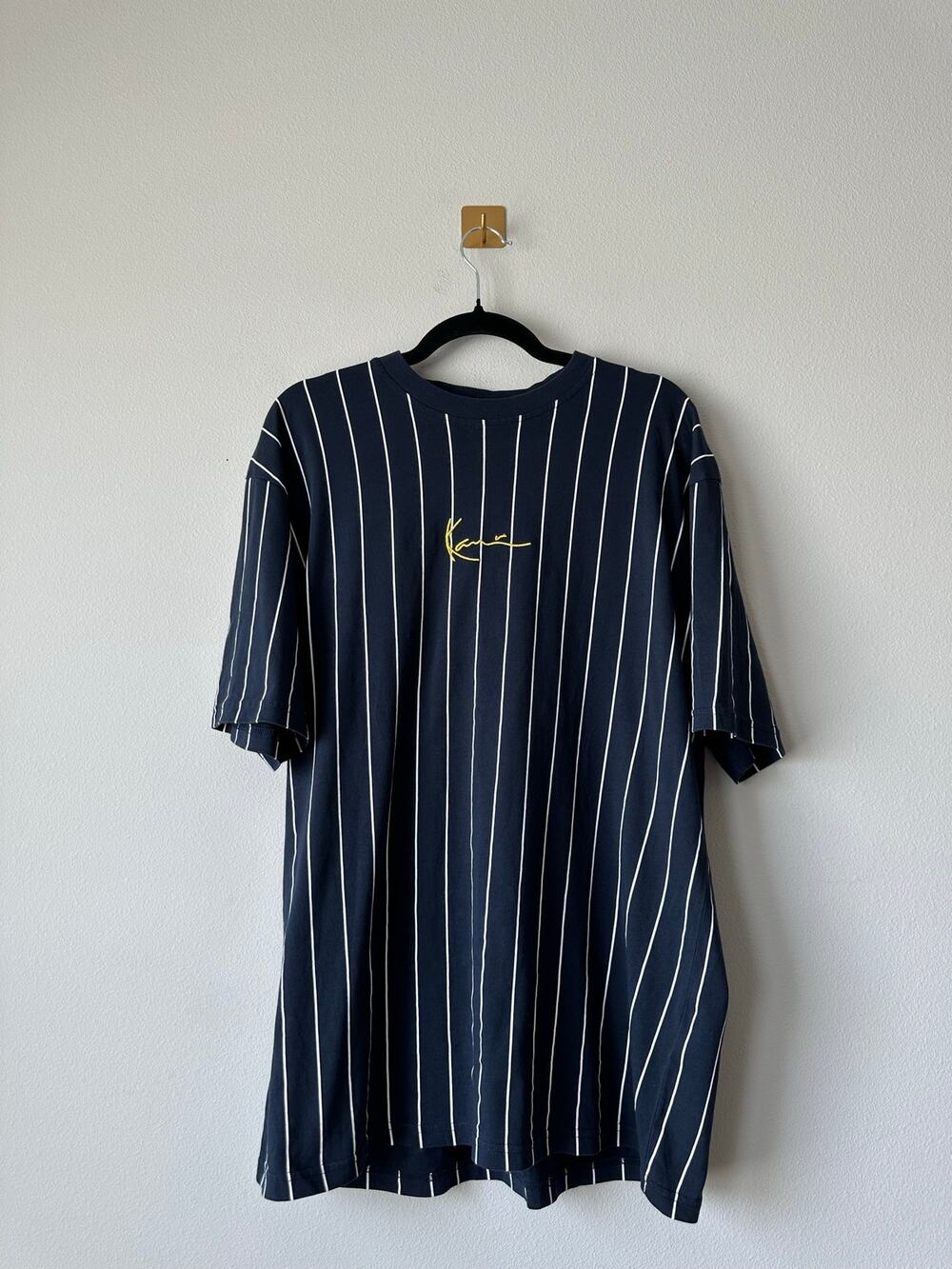 Y2K Karl Kani Pinstripe Oversized T Shirt Embroidered Logo 90s Streetwear L